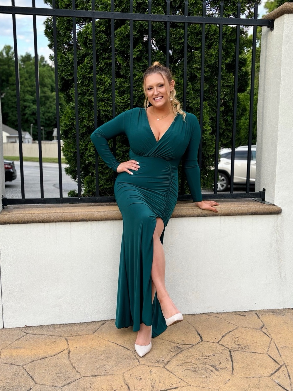 Club L London Teal Green Long Sleeve V-Neck Maxi Dress with Thigh Slit